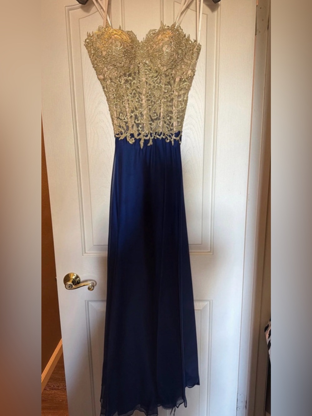 La Femme Navy and Gold Lace Prom Gown